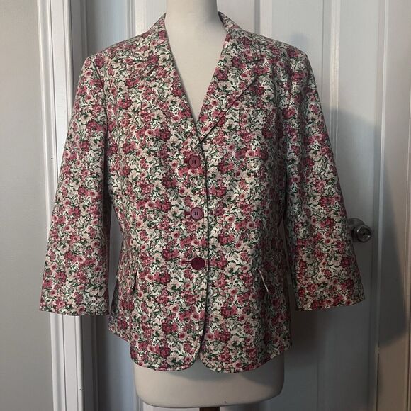 Talbots Blazer Size 16 Floral Pink 3/4 Sleeve Lined Button Front Collar - Picture 2 of 12